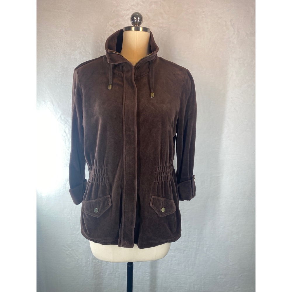 Charter Club‎ Brown Womens M Velour Jacket Hooded Drawstring Pockets Button Cuff